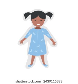 Smiling doll in a blue dress. Toys and child development. Vector illustration on a white background.