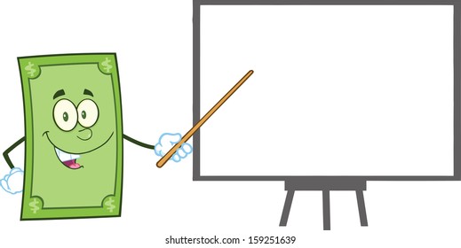 Smiling Dollar Cartoon Character With Pointer Presenting On A Board. Vector Illustration Isolated on white
