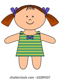 The smiling doll-girl sewed from a fabric in a dress and with bows