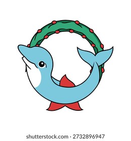 Personagem de golfinho sorridente em chapéu de santa celebrando alegre temporada de férias subaquáticas