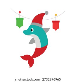 Ilustração de golfinho sorridente em chapéu de santa que espalha a alegria das férias sob o mar