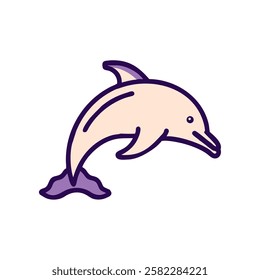 Smiling dolphin jumping out of water in orange and purple