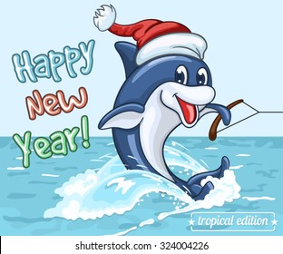 Smiling dolphin in Santa Claus cap rides on the sea surface on his tail as on water skis. New Year's greeting card from warm seas