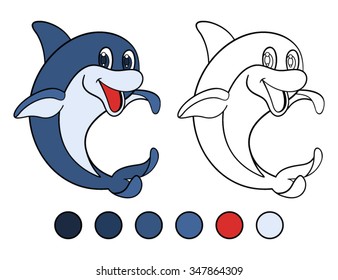 Smiling dolphin stands on his tail. Coloring book