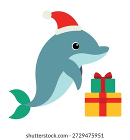 Golfinho sorridente vestindo chapéu de Papai Noel ao lado embrulhado apresenta ilustração festiva do oceano de Natal vetor arte design