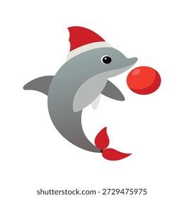 Delfín sonriente con sombrero de santa llevando chuchería roja Arte vectorial temático de Navidad alegre mar