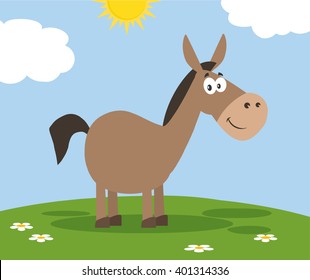 Smiling Donkey Cartoon Character. Vector Illustration Flat Design Style With Background