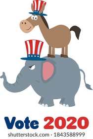 Smiling Donkey Democrat Over Angry Elephant Republican. Vector Illustration Flat Design Style Isolated On White Background With Text