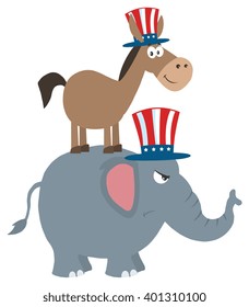 Smiling Donkey Democrat Over Angry Elephant Republican. Vector Illustration Flat Design Style Isolated On White