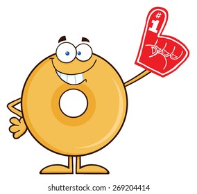 Smiling Donut Cartoon Character Wearing A Foam Finger. Vector Illustration Isolated On White