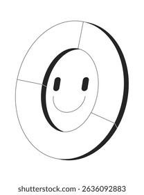 Smiling donut pie chart for analytics, engagement 2D line object. User satisfaction. Positive doughnut graph. Friendly piechart isolated clipart vector ink outline item. Monochrome spot illustration