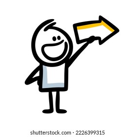 Smiling doodle man with arrow sign in rising up hand. Vector hand drawn illustration of happy stick man showing the way.