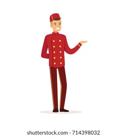 Smiling Doorman Character Wearing Red Double Breasted Uniform, Hotel Staff Vector Illustration