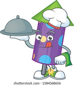 smiling dot fireworks rocket as a Chef with food cartoon style design