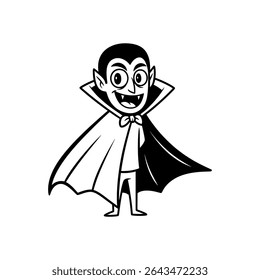 Smiling Dracula with Raised Cape – Friendly Vampire Character for Halloween Kids Art or Party Design – Vector Illustration