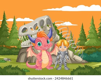 A smiling dragon and knight standing together outdoors