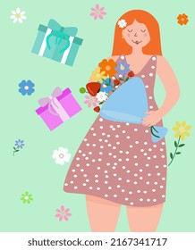 Smiling dreamy woman with a bouquet of flowers illustration. Concept for Mother's Day, Valentine's Day, March 8, Women's Day. A pretty girl with flowing red hair, a bouquet in her hands and gifts.