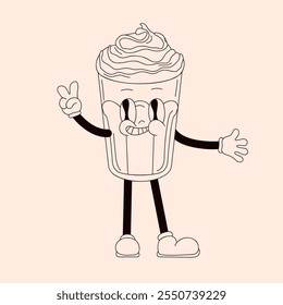 Smiling drink character with whipped topping showing a peace sign in line art style. Retro and groovy design for creative, fun and playful concept.