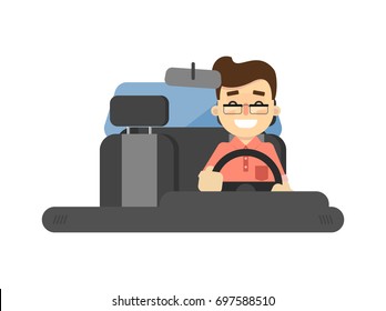 Smiling driver in car icon isolated on white background vector illustration. Modern automobile, people transportation, auto vehicle in flat design.