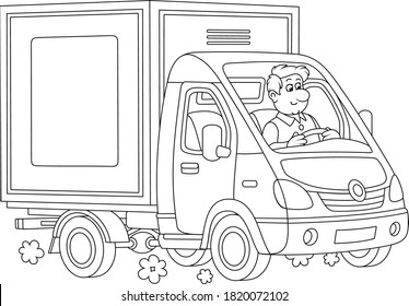 Smiling driver in his small delivery van for transporting goods, black and white outline vector cartoon illustration for a coloring book page