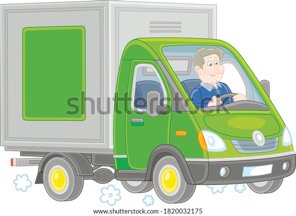 Smiling\
driver in his small green delivery van for transporting goods,\
vector cartoon illustration on a white\
background