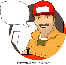 The Smiling Driver In His Truck.  The Text Field For Your Company Logo Is On His Hat. Mustache Can Be Easily Removed.