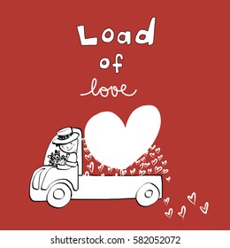 Smiling driver with truck carrying a load of love and a lot of hearts. Driver holding a bunch of flowers.Valentine's Day card. Vector illustration with doodle style.