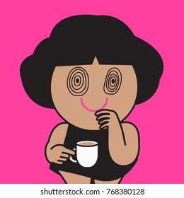 Smiling Drowsy Blurred Girl With Circle Eyes After Drinking A Morning Cup Of Coffee Concept Card Chracter illustration