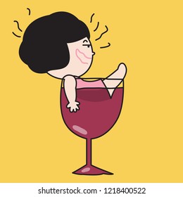 Smiling Drunk Girl Sitting Inside A Wine Glass Concept Card Character illustration