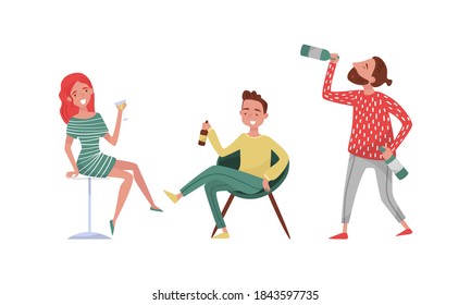 Smiling Drunk People Characters with Bottle of Alcoholic Drink Vector Illustration Set