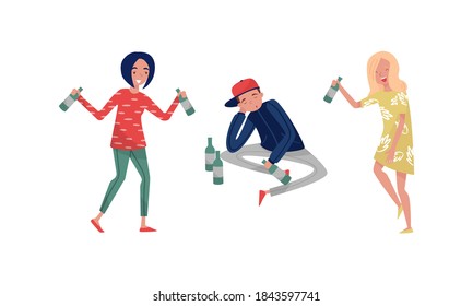 Smiling Drunk People Characters with Bottle of Alcoholic Drink Vector Illustration Set