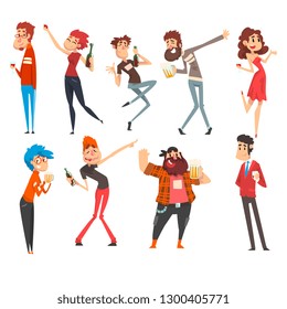 Smiling Drunk People Set, Boozy Men and Women Walking Tipsy with Alcohol Drink Bottles and Glasses in Their Hands Vector Illustration