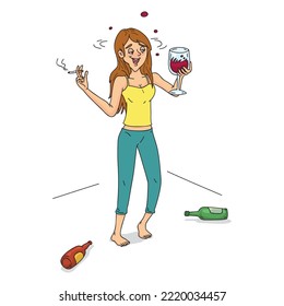 Smiling drunk woman with cigarette and wine, Alcoholism, alcohol addiction, illustrator vector cartoon drawing