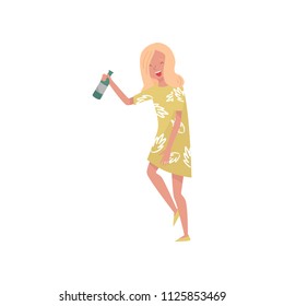 Smiling drunk young woman cartoon character, girl with bottle of wine vector Illustration on a white background