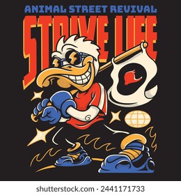 Smiling Duck Holding a White Flag in Streetwear Cartoon Illustration