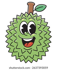 Smiling Durian Cartoon Head with Leaf and Stem

