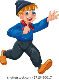 Un niño holandés sonriente corre enérgicamente, vistiendo ropa tradicional, zuecos de madera y gorra azul