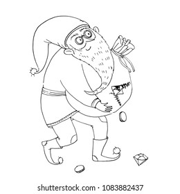 Smiling dwarf carries a torn bag full of coins. Black and white vector illustration for coloring book