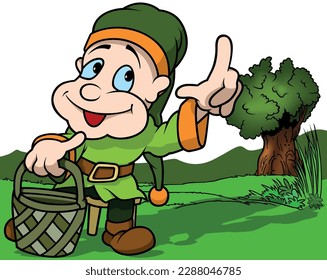 Lächelnder Zwerg in grünen Kleidern, der Wicker-Korb in seiner Hand hält - farbige Cartoon-Illustration mit Hintergrund, Vektorgrafik