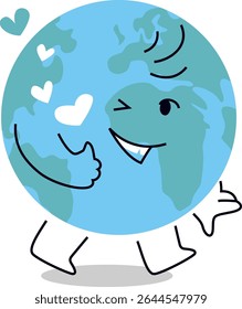 Smiling Earth cartoon character with thumb up gesture. Cute hand drawn vector illustration for world environment day posters, eco campaigns, and environmental education. Editable stroke.