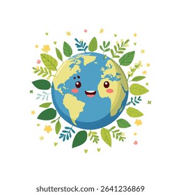 Smiling Earth cartoon with green leaves and flowers, celebrating nature, sustainability, and eco-awareness in a modern flat vector perfect for kids, education, and World Environment Day themes