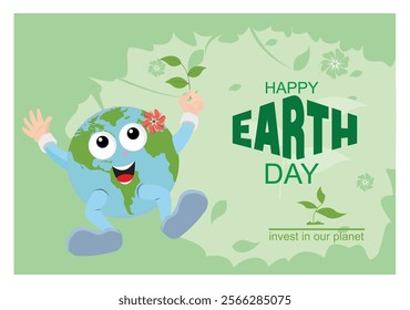 A smiling Earth character holding a leaf, celebrating Earth Day with the message Invest in Our Planet, with environmental themed .  Flat vector modern illustration 