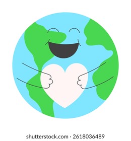 Smiling Earth Embracing a Heart. Earth Day Concept, Love and Care for the Planet. Flat Vector Illustration.