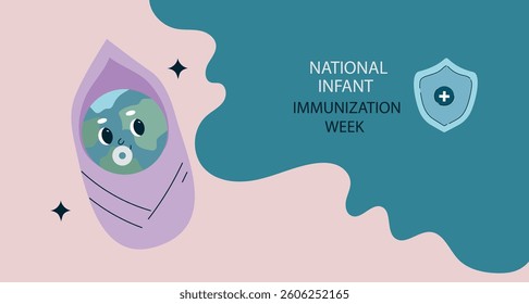 Smiling earth globe character.  National infant immunization week, vaccination campaign benefit for public health protection concept. vector cartoon illustration