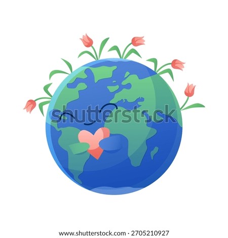 Smiling earth holding heart with blooming flowers, positive eco friendly concept on isolated background vector illustration