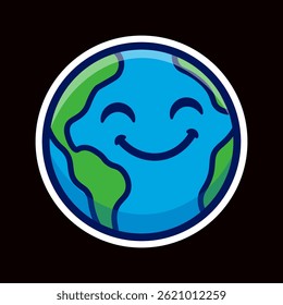 Smiling Earth Icon – Cute Cartoon Planet Sticker, Isolated Illustration. 