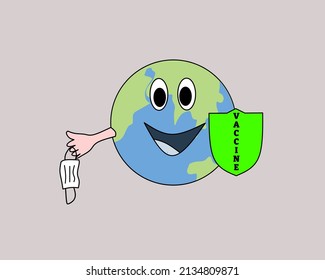 smiling earth with vaccine shield and taking off medical mask