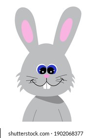 Smiling easter bunny, cute vector illustration in flat style. Positive cartoon print for kids and babies. Print for clothes, textile, books, gift wrap, cards, design and decor. Grey baby rabbit. 