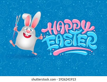 Smiling Easter bunny with paint brushes. Shows thumb up. Cartoon funny character to Easter holidays. Seamless pattern in doodle graphic style on blue background. Vector illustration.