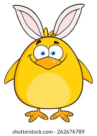 Smiling Easter Chick Cartoon Character With Bunny Ears. Vector Illustration Isolated On White